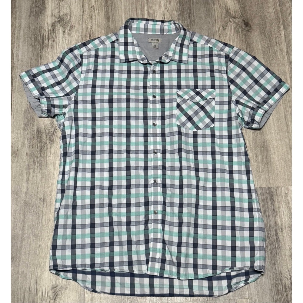 Kenneth Cole Reaction Mens Plaid Cotton Short Sleeve‎ Collared Shirt Size XXL